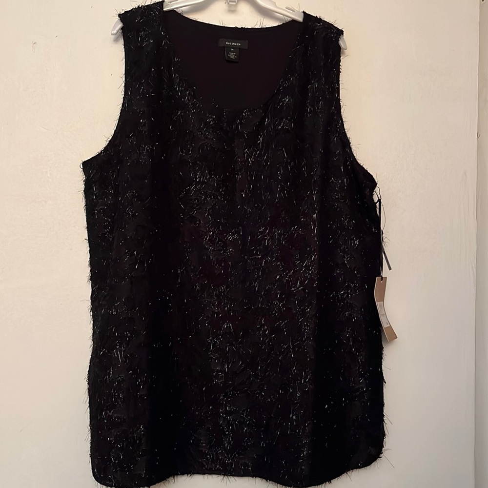 HALOGEN Black Scoopneck Woven Clip Flower Tank